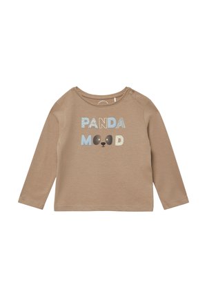 Beige lange mouwen peutershirt met de tekst "PANDA MOOD" en een pandagezicht tussen de woorden, drukknoopjes op de schouder.