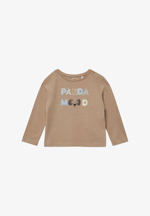 Beige lange mouwen peutershirt met de tekst "PANDA MOOD" en een pandagezicht tussen de woorden, drukknoopjes op de schouder.