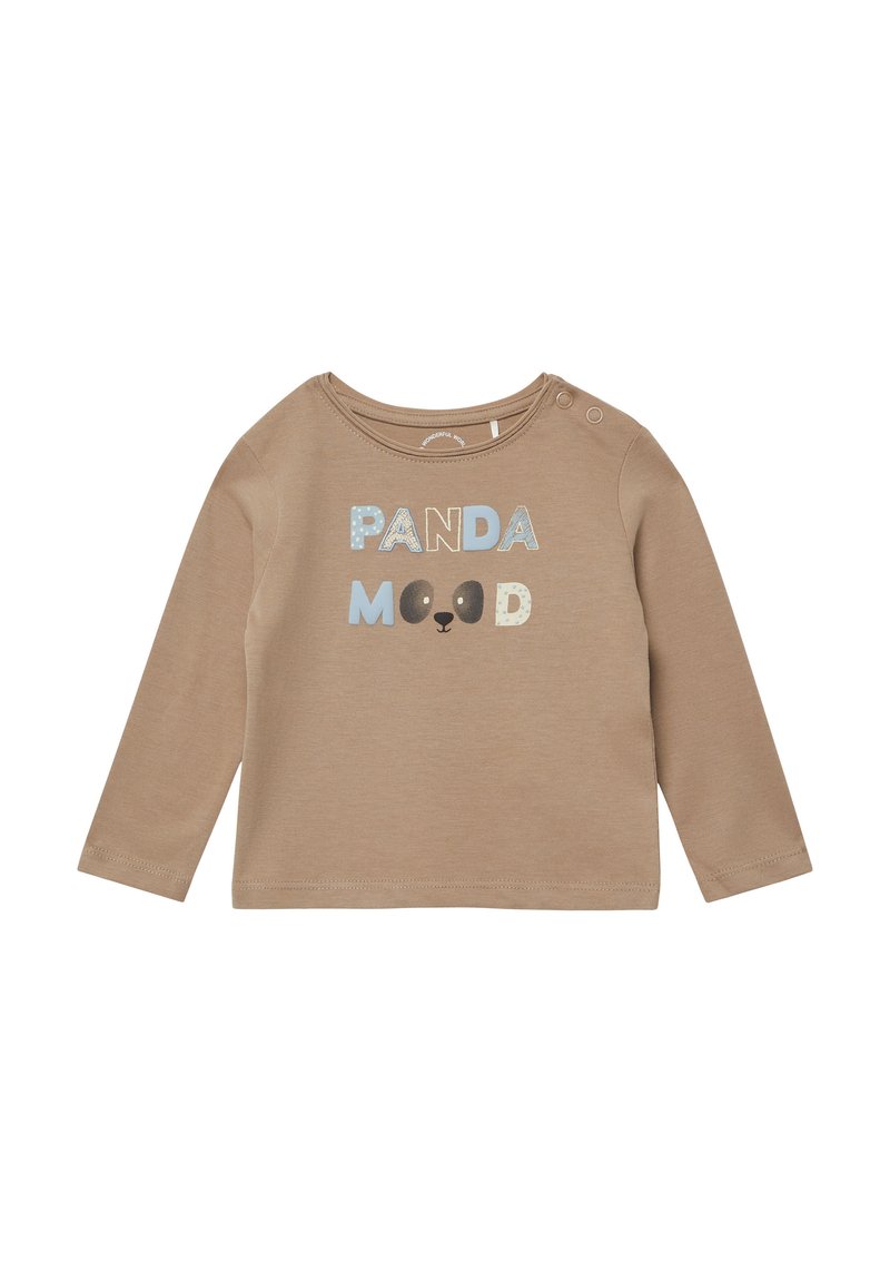 Beiges Langarmshirt für Kleinkinder mit dem Text „PANDA MOOD“ und einem Pandagesicht zwischen den Worten, Druckknöpfe auf der Schulter.