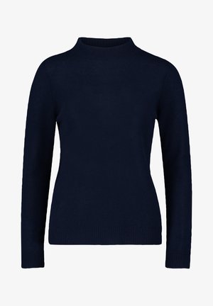 Tummansininen pitkähihaisuus neule, jossa on korkea kaulus. Valmistettu pehmeästä materiaalista, joka sisältää ribbireunat hihoissa ja helmassa. Yksinkertainen malli ilman kuvioita.