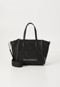 Black handbag made of textured material, featuring logo embossing, silver hardware, dual top handles, and a removable shoulder strap.