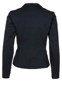Black fitted jacket with a structured collar and long sleeves. Features a smooth texture and subtle stitching details. Button accents at cuffs.