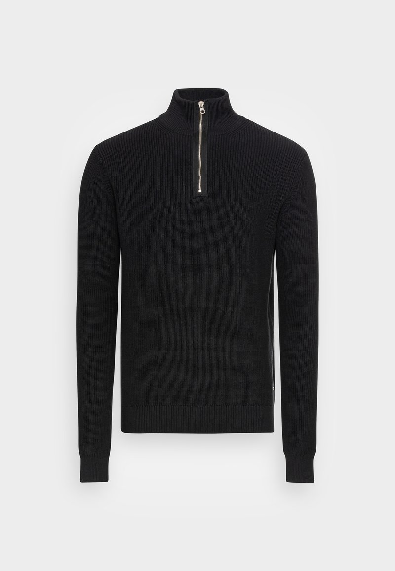 Maglione nero a coste con colletto alto e chiusura a mezza zip. Dotato di maniche lunghe e orlo aderente. Design semplice senza motivi.