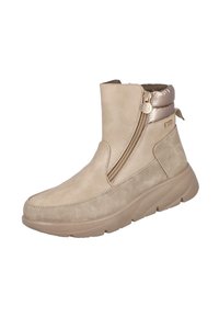 Botín beige hasta el tobillo con cremallera lateral, cuello acolchado, tirador en la parte posterior y suela de goma gruesa para uso al aire libre.