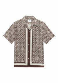 Short-sleeve shirt in brown and cream with a geometric diamond pattern, featuring a button-up front and contrasting vertical stripes.