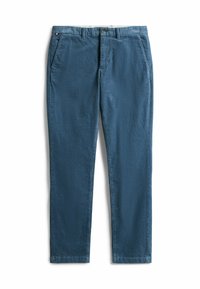 Pantaloni in cotone blu con design a gamba dritta, tasche frontali e chiusura con bottone standard. Texture liscia con una leggera lucentezza.