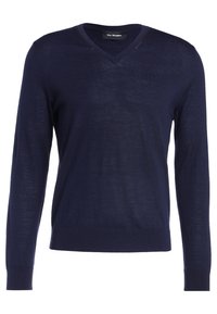 Navyblauer V-Ausschnitt-Pullover, leichtes Strickmaterial, lange Ärmel, gerippte Bündchen und Saum, subtile Textur und minimale Details am Ausschnitt.