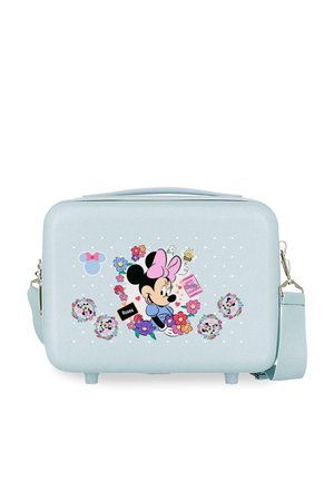 Maleta azul claro con Minnie Mouse sosteniendo flores, rodeada de diseños florales, una abeja y lunares, con una correa de hombro desmontable.