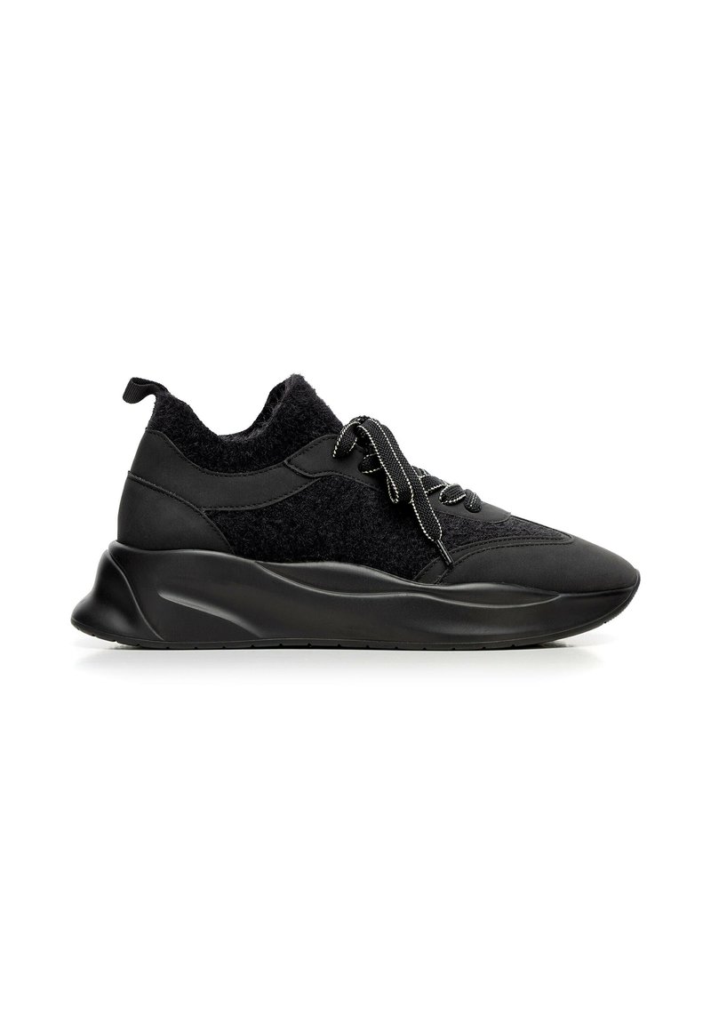 Zapatillas deportivas negras con una parte superior texturizada, que presenta una mezcla de materiales lisos y afelpados, una suela gruesa y acolchada, y cordones negros.