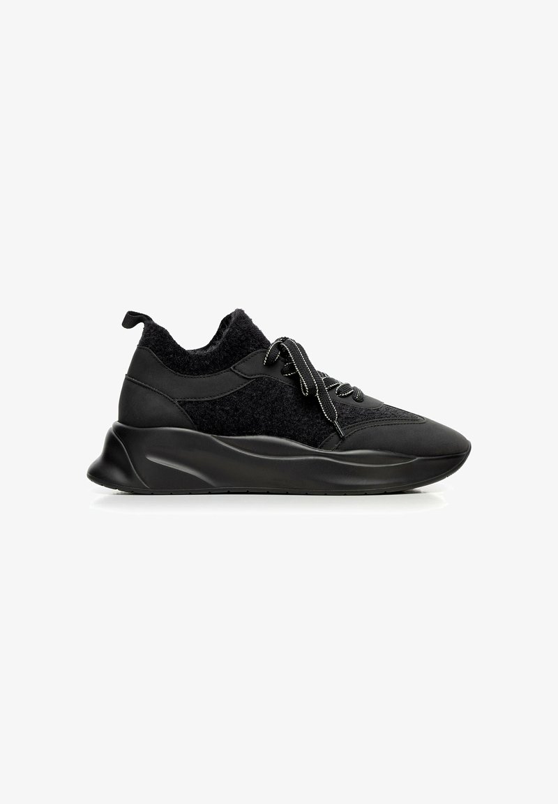 Zapatillas deportivas negras con una parte superior texturizada, que presenta una mezcla de materiales lisos y afelpados, una suela gruesa y acolchada, y cordones negros.