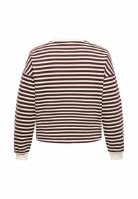 Bordo un krēma svītrots garām piedurknēm tops ar apaļu kakla izgriezumu, brīvu piegriezumu un aprovām. Gluda auduma klasiskā dizainā.