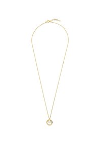 Goldkette mit zarter Kette, mit einem runden Anhänger, der eine innere Perle hat. Einfaches Design, glatte Textur, verstellbare Länge.