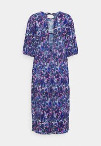 Lila, blå och rosa blommönstrad midiklänning med korta puffärmar, plisserad tyg och två knytningar vid bakhalsringningen och övre delen av ryggen.