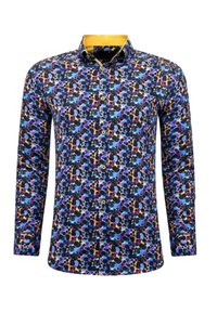 Overhemd met knopen in een meerkleurig, gestructureerd patroon met blauwe, zwarte en oranje stippen. Voorzien van een gele kraag en standaard manchetten.