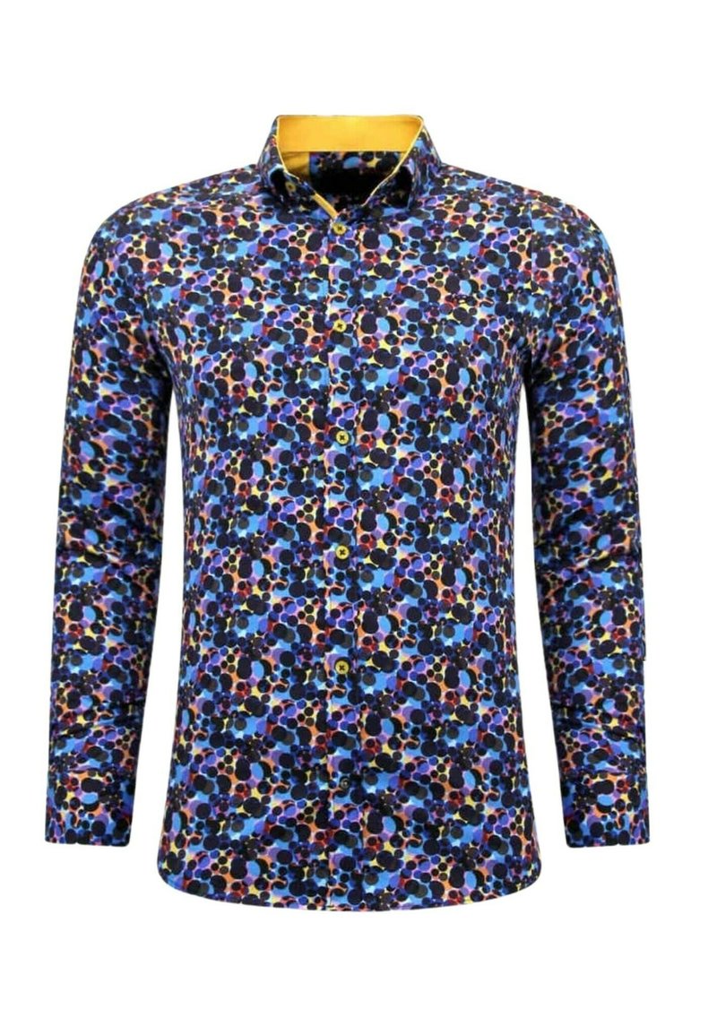 Overhemd met knopen in een meerkleurig, gestructureerd patroon met blauwe, zwarte en oranje stippen. Voorzien van een gele kraag en standaard manchetten.