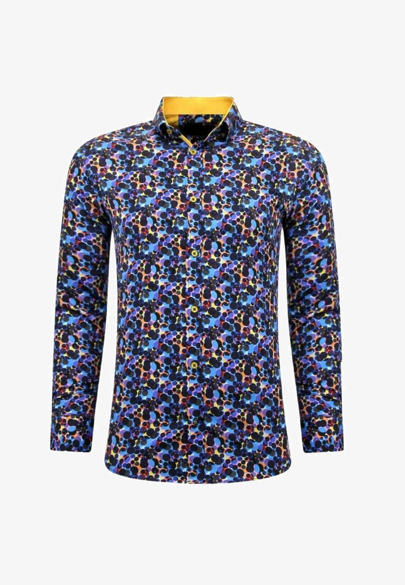 Overhemd met knopen in een meerkleurig, gestructureerd patroon met blauwe, zwarte en oranje stippen. Voorzien van een gele kraag en standaard manchetten.