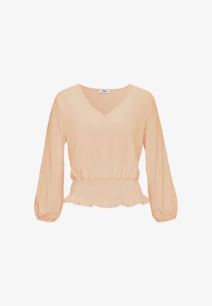 Blusa color pesco fino con scollo a V, maniche lunghe a sbuffo e vita arricciata. Presenta un orlo arricciato nella parte inferiore della vita. Tessuto morbido.