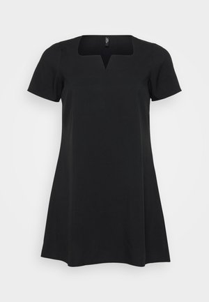 Rochie neagră cu mâneci scurte, decolteu pătrat și siluetă A-line. Fabricată dintr-un material neted, cu un ușor luciu și fără modele vizibile.