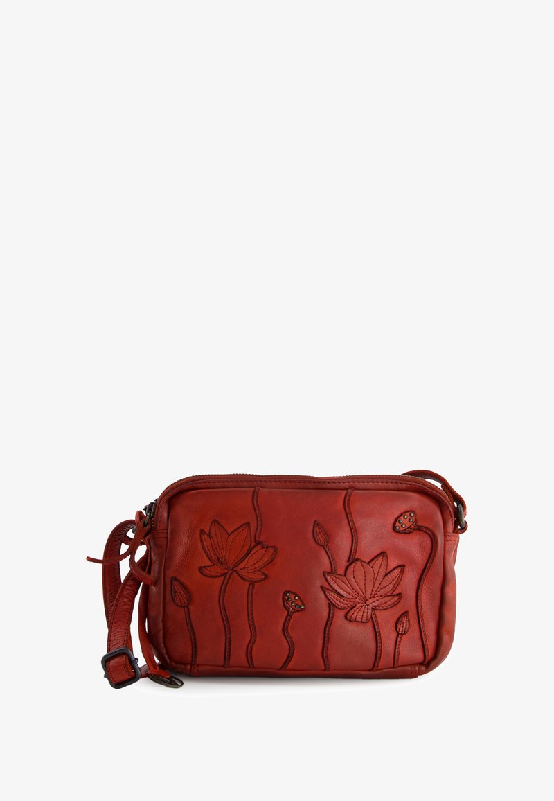 Red leather crossbody bag with embossed floral design and a zip closure. Adjustable strap and textured surface add detail.