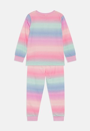 Long-sleeve pajama set in pastel gradient stripes of pink, purple, and green, featuring pink cuffs and a soft, lightweight fabric.