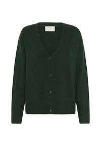 Cardigan tricotat de culoare verde închis, cu guler în V, având închidere cu nasturi și manșete côtelées. Textură moale cu un design lejer.