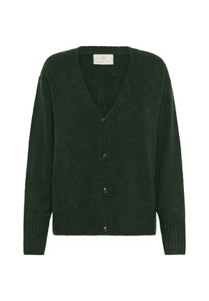 Cardigan lavorato a maglia verde scuro con scollatura a V, dotato di chiusura a bottoni e polsini a coste. Texture morbida con un design dalla vestibilità rilassata.