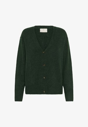 Tummanvihreä neulecardigan, jossa on V-pääntie, nappikiinnitys ja ribbed hihansuut. Pehmeä tekstuuri ja rento istuvuus.
