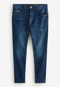 Jean skinny en denim bleu foncé. Les caractéristiques incluent cinq poches, des coutures contrastées et une texture lisse sans décoloration visible.