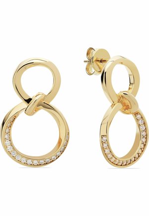 Orecchini color oro con forme circolari intercollegate, caratterizzati da una finitura liscia e una fila di piccole pietre trasparenti lungo il bordo.
