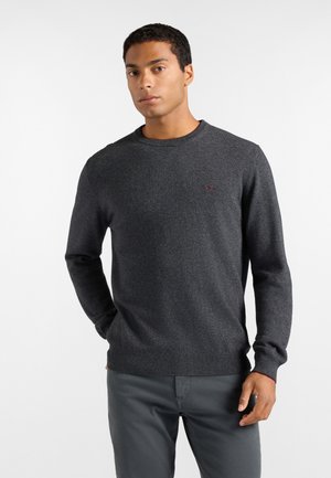 Giovane uomo che indossa un maglione grigio scuro a girocollo e pantaloni grigi, in piedi con una mano in tasca su uno sfondo bianco semplice.