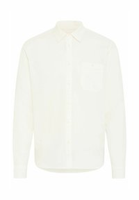 Chemise blanche à manches longues avec col pointu et une poche poitrine unique sur le côté gauche.