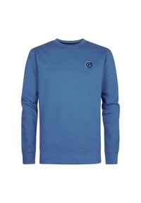Felpa blu a maniche lunghe realizzata in tessuto morbido, con scollatura rotonda e un piccolo logo sul lato sinistro del petto.