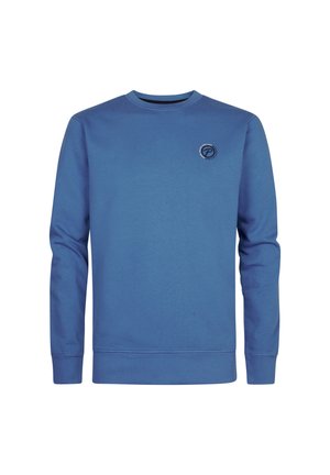 Blauer Langarm-Sweatshirt aus weichem Stoff, mit Rundhalsausschnitt und einem kleinen Logodetail auf der linken Brustseite.