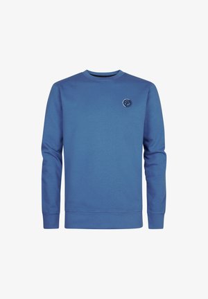 Felpa blu a maniche lunghe realizzata in tessuto morbido, con scollatura rotonda e un piccolo logo sul lato sinistro del petto.