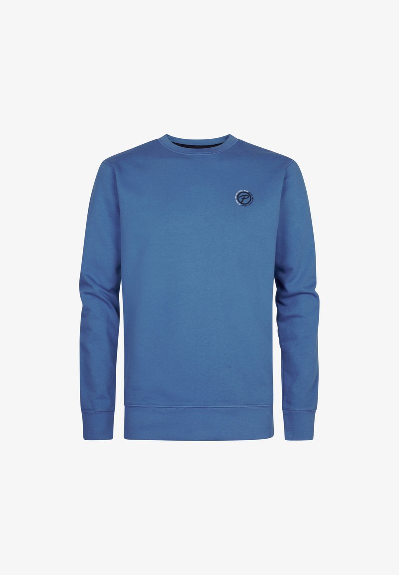 Modrá dlouhá mikina s dlouhým rukávem vyrobená z měkké látky, s kulatým výstřihem a malým logem na levé části hrudníku.