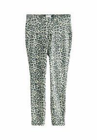 Luipaardprint leggings van rekbare stof. Kenmerken een witte basis met donkergrijze vlekken, slim fit, en een traditionele vijf-pocket ontwerp.