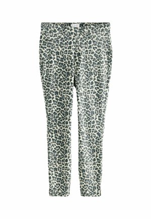 Luipaardprint leggings van rekbare stof. Kenmerken een witte basis met donkergrijze vlekken, slim fit, en een traditionele vijf-pocket ontwerp.