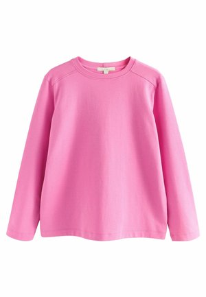 Rosa Langarm-Sweatshirt aus weicher Baumwolle. Verfügt über einen runden Halsausschnitt und gerippte Bündchen mit einer glatten, gleichmäßigen Textur.