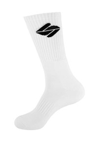 Weißer Sportsocke mit geripptem Muster und schwarzem Logo am Bund. Verfügt über eine verstärkte Zehen- und Fersenpartie für Langlebigkeit.