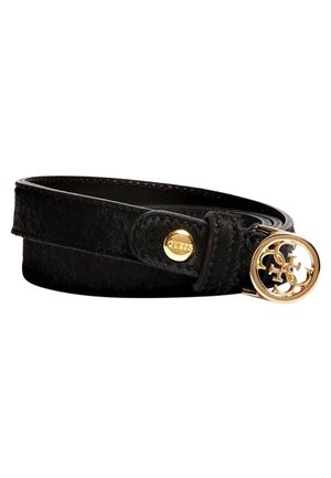 Ceinture en cuir noir avec boucle circulaire dorée présentant un logo entrelacé, roulée à plat sur fond blanc.