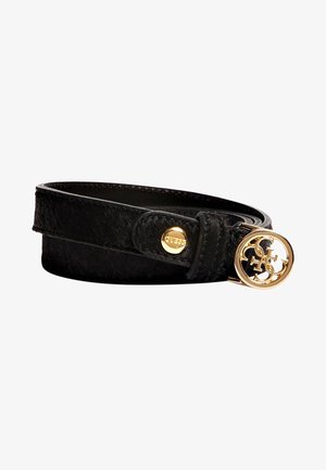 Ceinture en cuir noir avec boucle circulaire dorée présentant un logo entrelacé, roulée à plat sur fond blanc.
