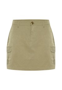 Khaki cargo skirt made of lightweight fabric, featuring two side pockets, a button closure, and a straight silhouette.