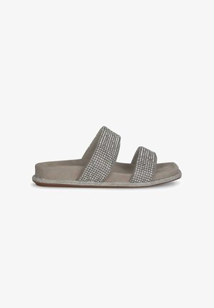 Grijze slidesandalen met twee brede banden versierd met strass, een gevoerde binnenzool en een gestructureerde rubberen zool.