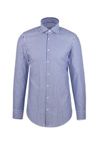 Camicia a maniche lunghe a righe verticali blu e bianche con bottone frontale e colletto, esposta su uno sfondo bianco.