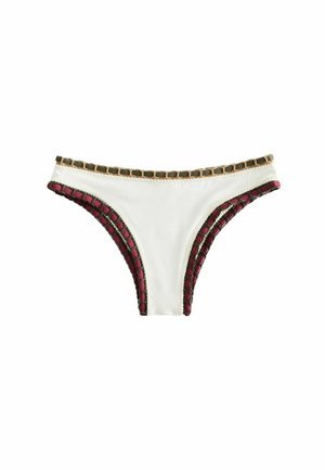 White bikini bottom with pink and dark green woven trim along the waist and leg openings, displayed on a white background.