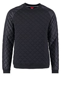 Schwarzes, gesteppter Sweatshirt mit langen Ärmeln und Diamantmuster auf Körper und Ärmeln, mit gerippten Bündchen und Saum sowie Rundhalsausschnitt mit rotem Nike-Label.
