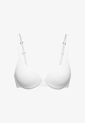 Soutien-gorge blanc rembourré avec armatures, bretelles réglables et bonnets lisses, conçu pour un confort et un soutien quotidiens.
