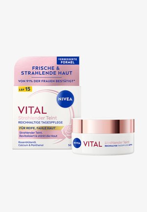 NIVEA Vital day cream with SPF 15 for mature, dull skin, featuring rose oil, calcium, panthenol, and packaging highlighting radiant, revitalized skin benefits.