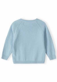 Svijetloplavi pleteni pulover s rebrastim ovratnikom i manžetama. Ima raglan rukave i mekan, teksturiran površinu. Prikazan stražnji pogled.