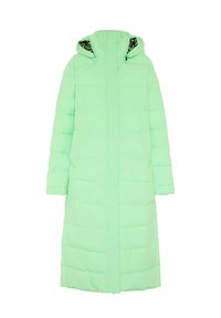 Langer, minzgrüner Steppmantel mit Kapuze, gemusterter Innenfutter, gesteppter Textur und durchgehendem Reißverschluss vorn.